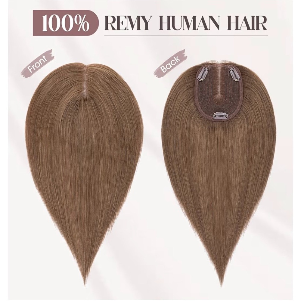 Hair Topper Real Human Hair with Bangs 7 * 13CM Silk Base with Lace 10”Med.Brown - Picture 5 of 10